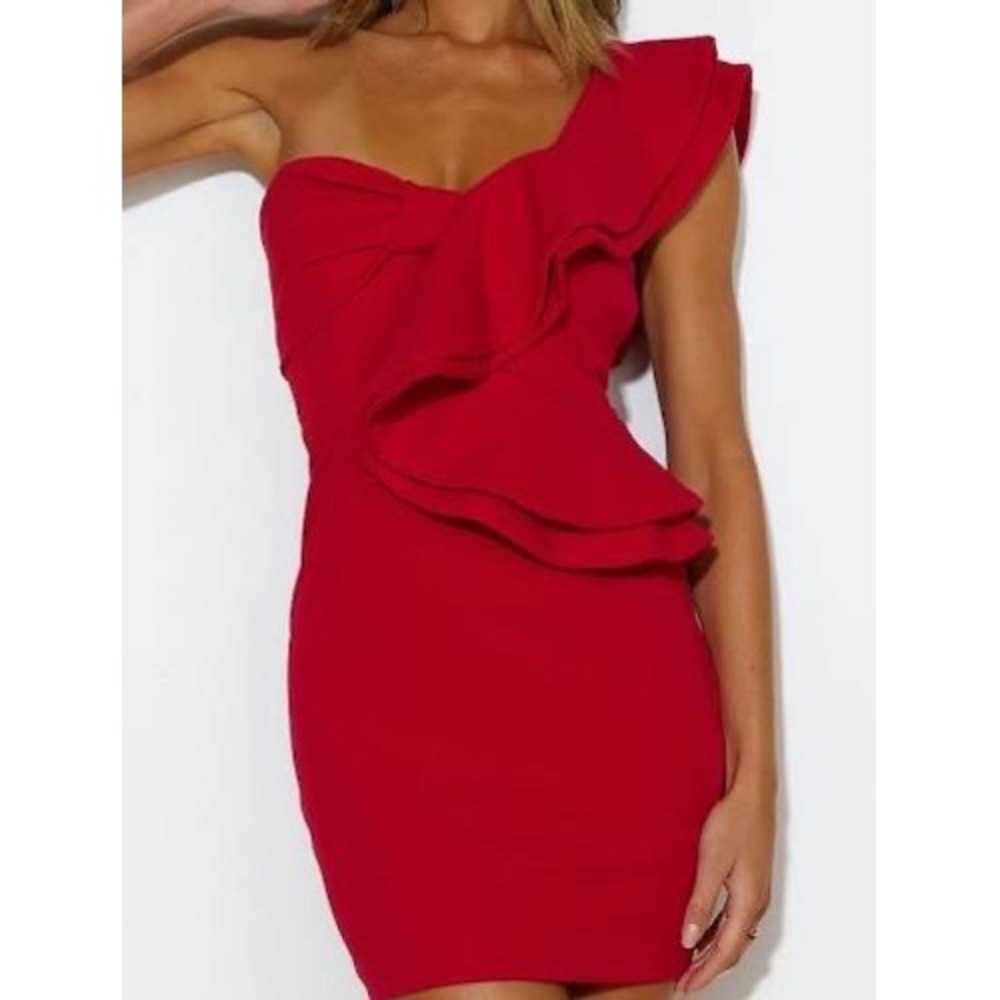 Hello Molly Fun Is Calling Wine Red One Shoulder Ruffle Mini Dress M78816 Size 2